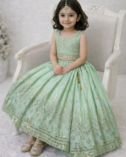 Kids Girls Chinon Silk Embroidered Lehenga Set in Pista Green – Rosepetals Luxe