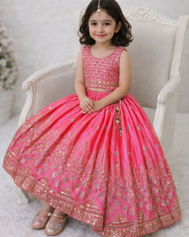 Kids Girls Fully Stitched Chinon Silk Embroidered Lehenga Set - Rosepetals Luxe