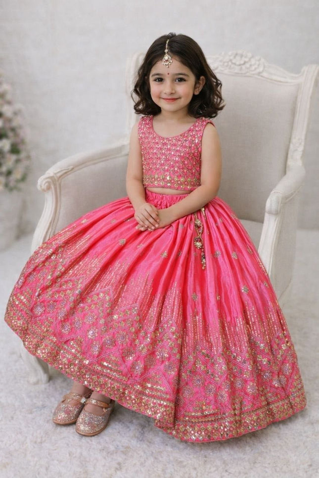 Kids Girls Fully Stitched Chinon Silk Embroidered Lehenga Set - Rosepetals Luxe