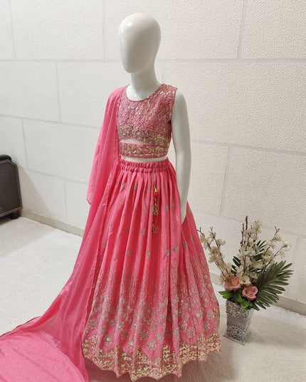Kids Girls Fully Stitched Chinon Silk Embroidered Lehenga Set - Rosepetals Luxe