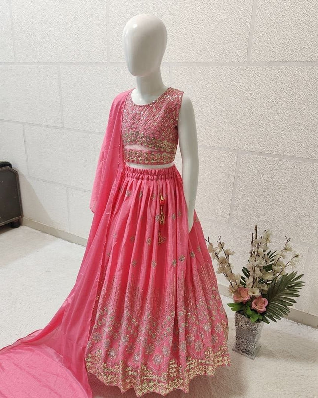 Kids Girls Fully Stitched Chinon Silk Embroidered Lehenga Set - Rosepetals Luxe
