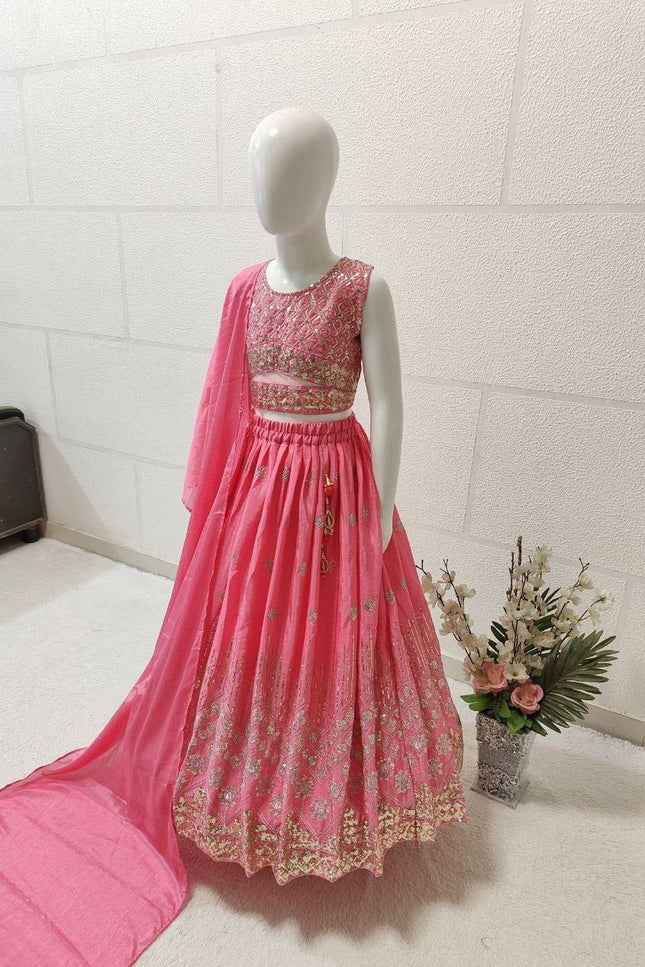 Kids Girls Fully Stitched Chinon Silk Embroidered Lehenga Set - Rosepetals Luxe