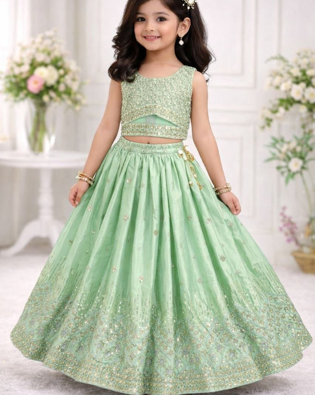 Kids Girls Fully Stitched Chinon Silk Embroidered Lehenga Set - Rosepetals Luxe