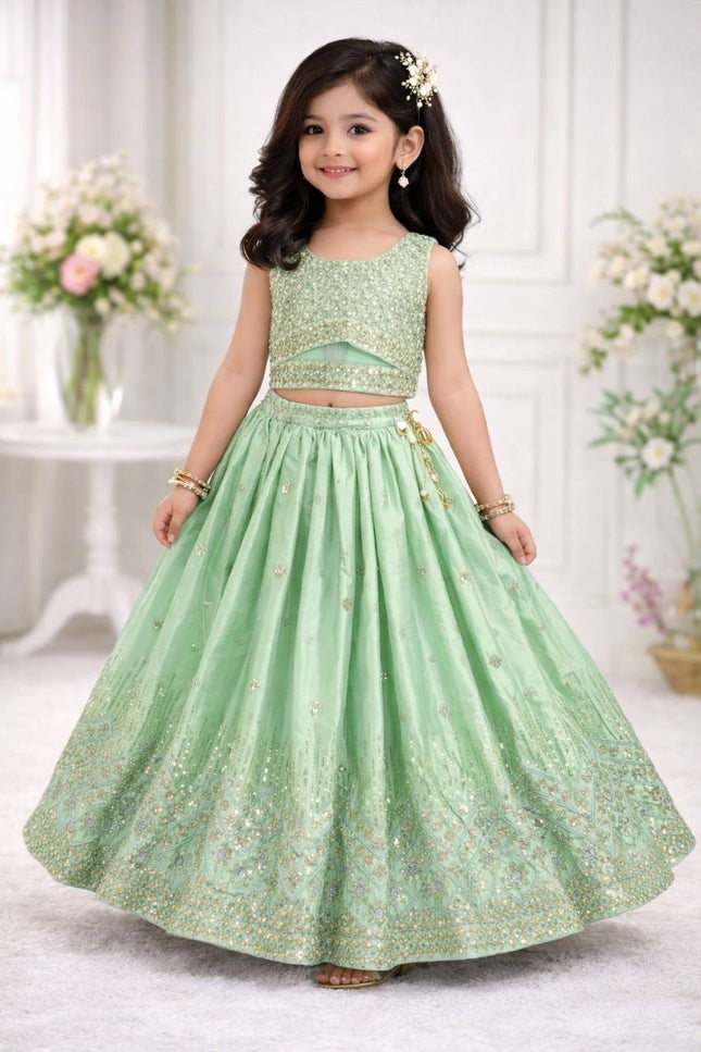 Kids Girls Fully Stitched Chinon Silk Embroidered Lehenga Set - Rosepetals Luxe