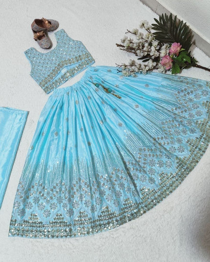 Kids Girls Fully Stitched Chinon Silk Embroidered Lehenga Set - Rosepetals Luxe