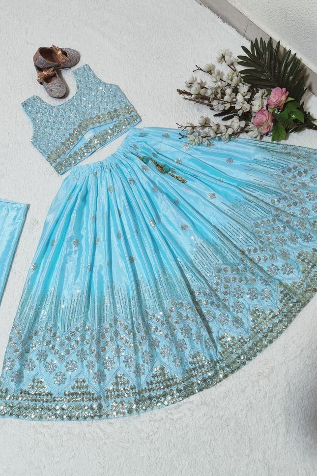 Kids Girls Fully Stitched Chinon Silk Embroidered Lehenga Set - Rosepetals Luxe