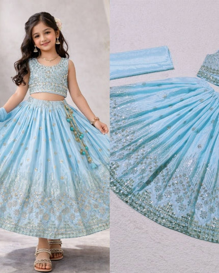 Kids Girls Chinon Silk Embroidered Lehenga Set in Sky Blue – Rosepetals Luxe