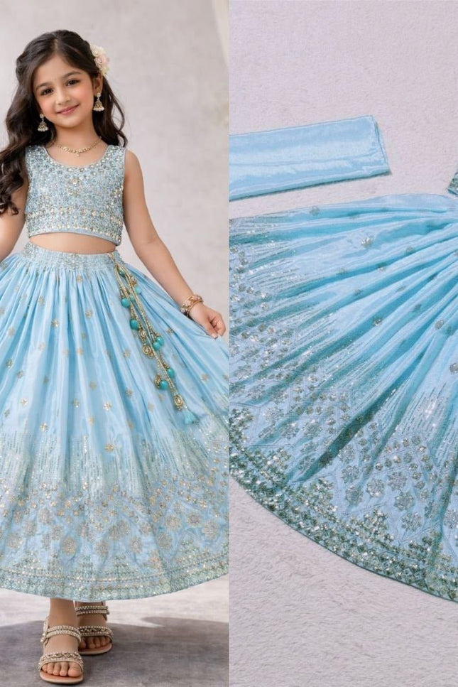 Kids Girls Chinon Silk Embroidered Lehenga Set in Sky Blue – Rosepetals Luxe