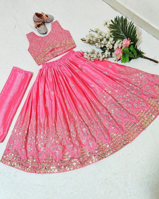 Kids Girls Fully Stitched Chinon Silk Embroidered Lehenga Set - Rosepetals Luxe