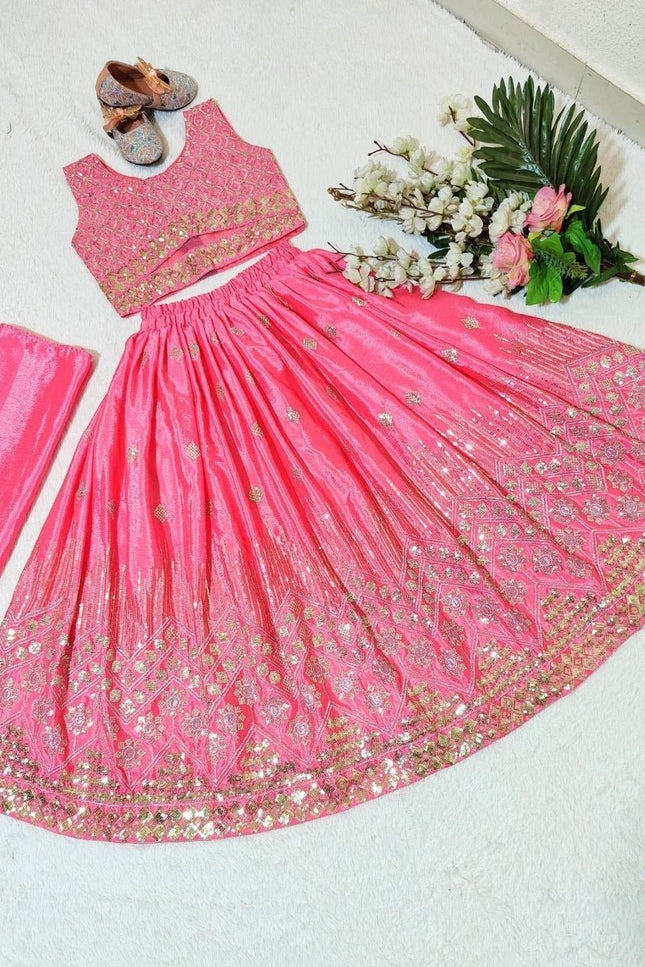 Kids Girls Fully Stitched Chinon Silk Embroidered Lehenga Set - Rosepetals Luxe