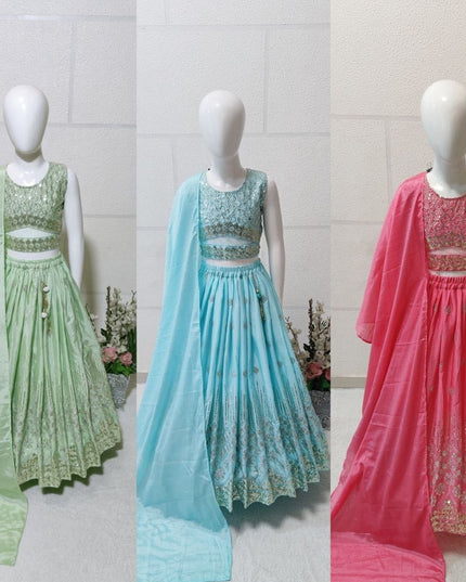 Kids Girls Fully Stitched Chinon Silk Embroidered Lehenga Set - Rosepetals Luxe