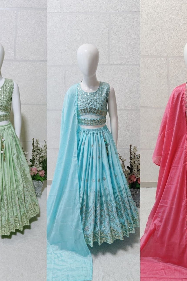 Kids Girls Fully Stitched Chinon Silk Embroidered Lehenga Set - Rosepetals Luxe
