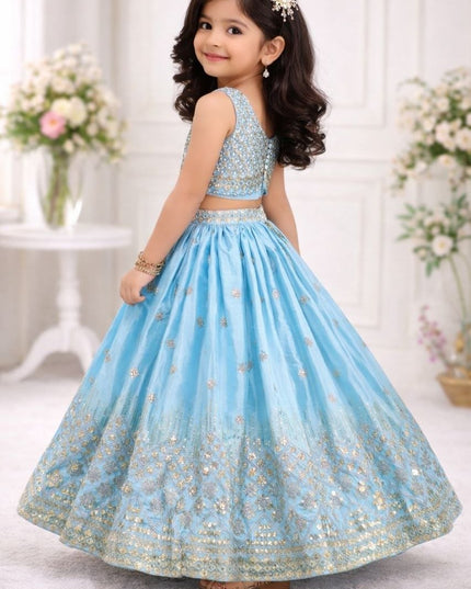 Kids Girls Fully Stitched Chinon Silk Embroidered Lehenga Set - Rosepetals Luxe