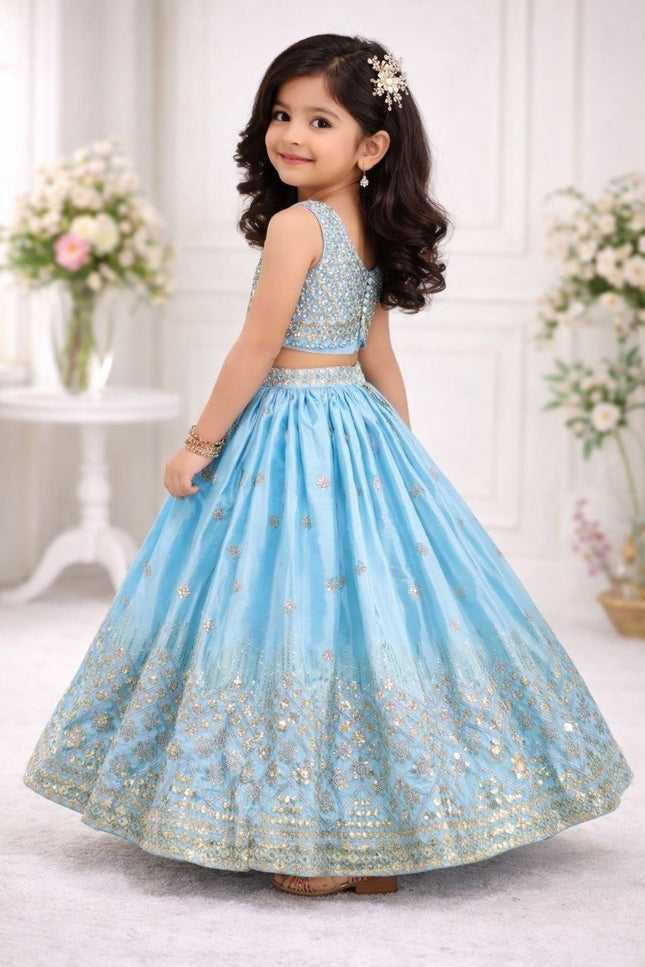 Kids Girls Fully Stitched Chinon Silk Embroidered Lehenga Set - Rosepetals Luxe