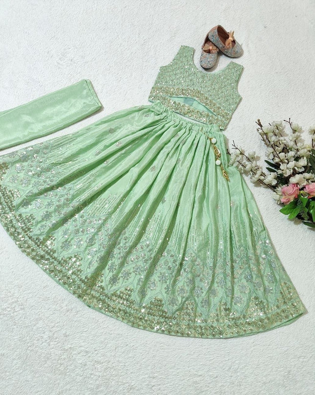 Kids Girls Fully Stitched Chinon Silk Embroidered Lehenga Set - Rosepetals Luxe
