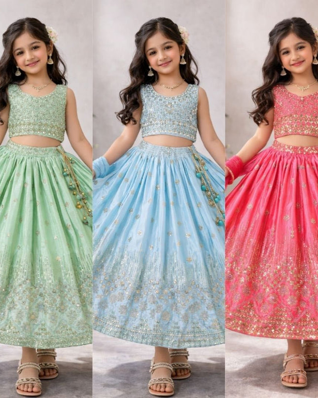 Kids Girls Fully Stitched Chinon Silk Embroidered Lehenga Set - Rosepetals Luxe