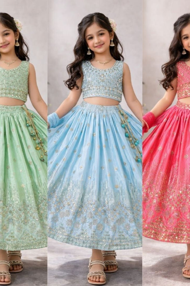 Kids Girls Fully Stitched Chinon Silk Embroidered Lehenga Set - Rosepetals Luxe