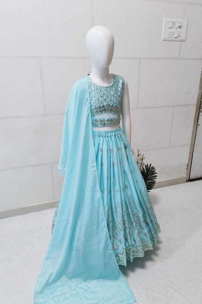 Kids Girls Fully Stitched Chinon Silk Embroidered Lehenga Set - Rosepetals Luxe