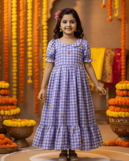 Kids Gown | Mul Chanderi Checks Print with Beautiful Sleeves - Rosepetals Luxe