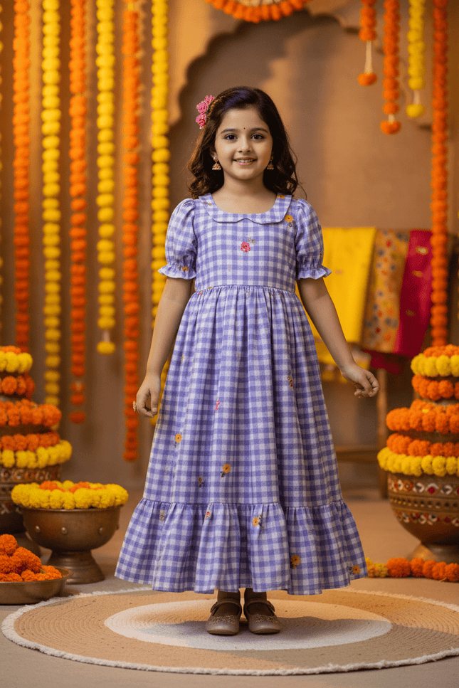 Kids Gown | Mul Chanderi Checks Print with Beautiful Sleeves - Rosepetals Luxe