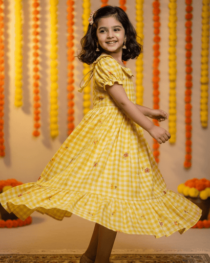 Kids Gown | Mul Chanderi Checks Print with Beautiful Sleeves - Rosepetals Luxe