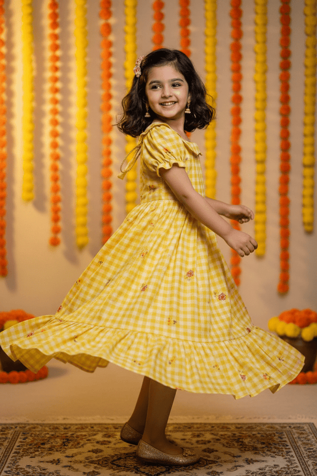 Kids Gown | Mul Chanderi Checks Print with Beautiful Sleeves - Rosepetals Luxe