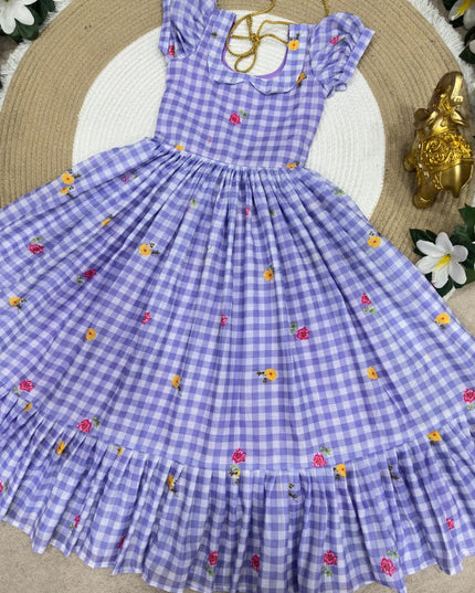 Kids Gown | Mul Chanderi Checks Print with Beautiful Sleeves - Rosepetals Luxe
