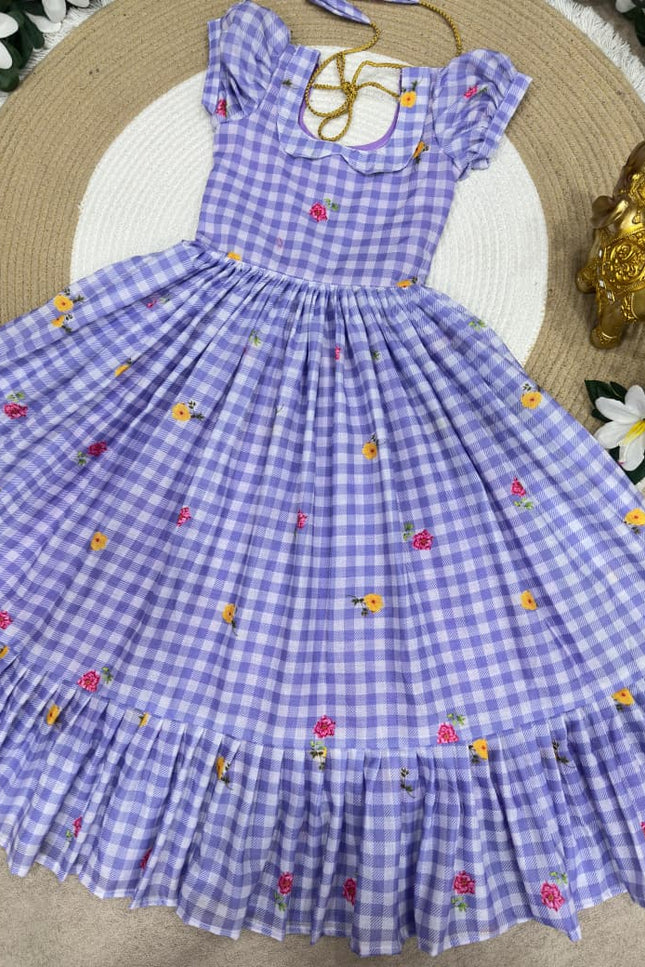 Kids Gown | Mul Chanderi Checks Print with Beautiful Sleeves - Rosepetals Luxe
