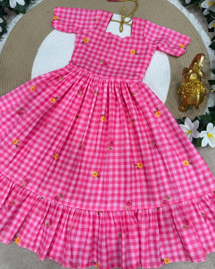 Kids Gown | Mul Chanderi Checks Print with Beautiful Sleeves - Rosepetals Luxe
