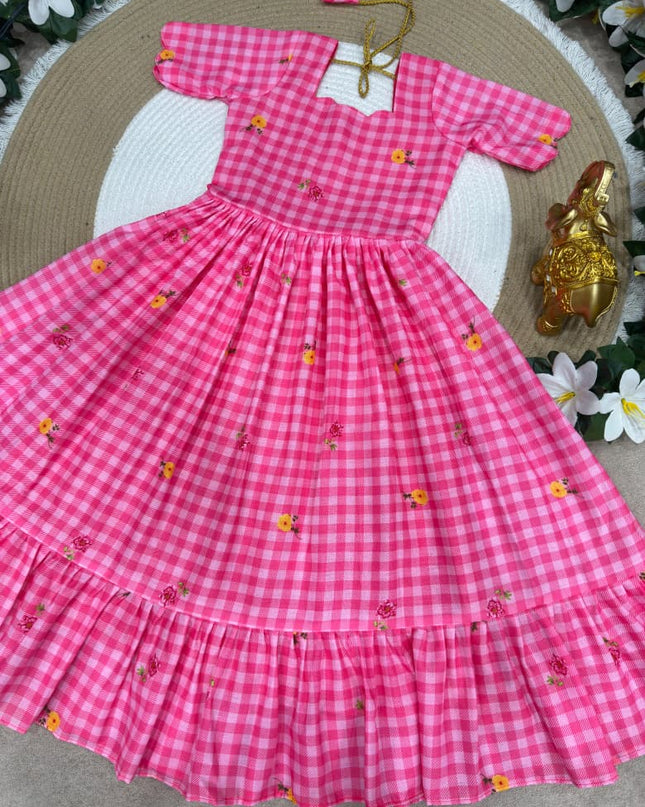 Kids Gown | Mul Chanderi Checks Print with Beautiful Sleeves - Rosepetals Luxe