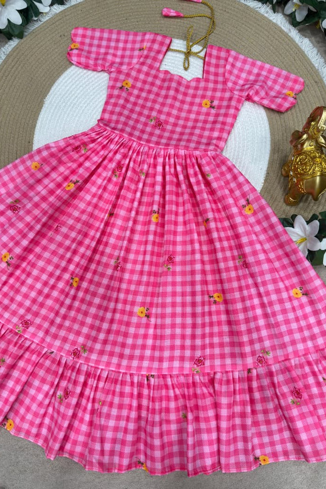 Kids Gown | Mul Chanderi Checks Print with Beautiful Sleeves - Rosepetals Luxe