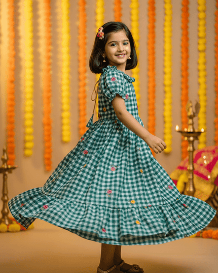 Kids Gown | Mul Chanderi Checks Print with Beautiful Sleeves - Rosepetals Luxe