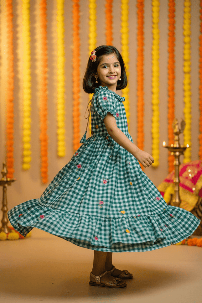Kids Gown | Mul Chanderi Checks Print with Beautiful Sleeves - Rosepetals Luxe