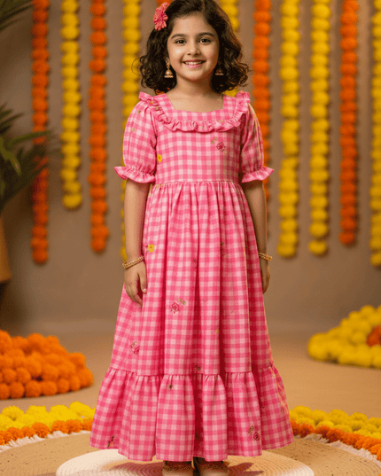 Kids Gown | Mul Chanderi Checks Print with Beautiful Sleeves - Rosepetals Luxe