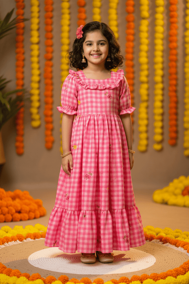 Kids Gown | Mul Chanderi Checks Print with Beautiful Sleeves - Rosepetals Luxe