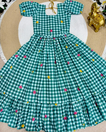 Kids Gown | Mul Chanderi Checks Print with Beautiful Sleeves - Rosepetals Luxe