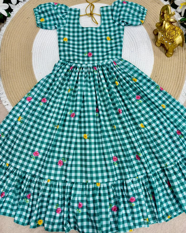 Kids Gown | Mul Chanderi Checks Print with Beautiful Sleeves - Rosepetals Luxe