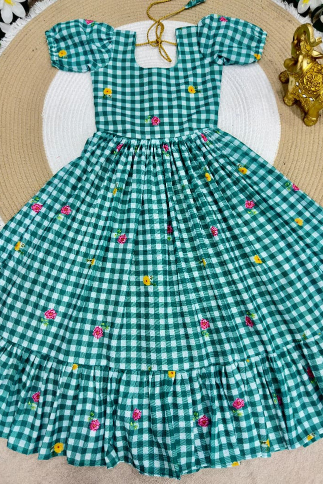 Kids Gown | Mul Chanderi Checks Print with Beautiful Sleeves - Rosepetals Luxe