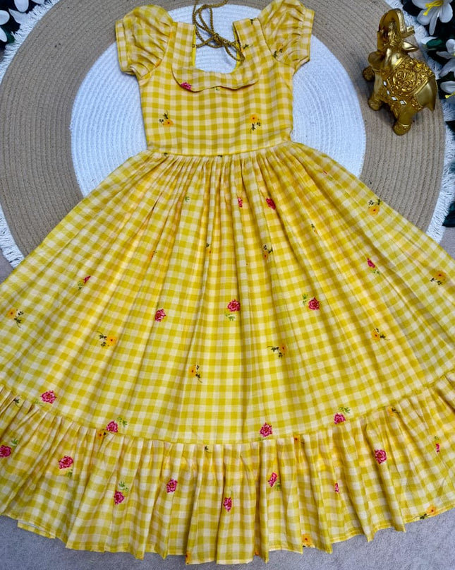 Kids Gown | Mul Chanderi Checks Print with Beautiful Sleeves - Rosepetals Luxe