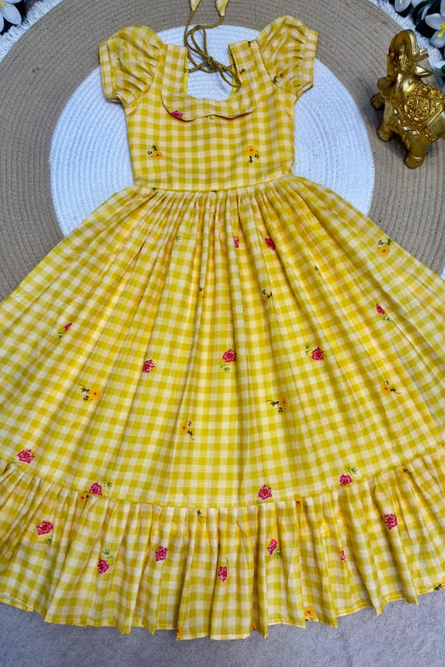 Kids Gown | Mul Chanderi Checks Print with Beautiful Sleeves - Rosepetals Luxe