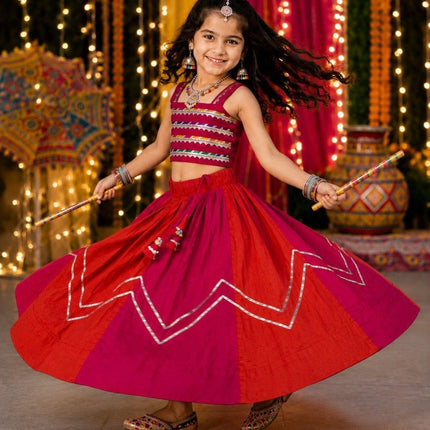 Kids Navratri Chaniya Choli | Mirror Work Roman Silk Garba Lehenga Set for Girls | Ages 2–11 Years - Rosepetals Luxe