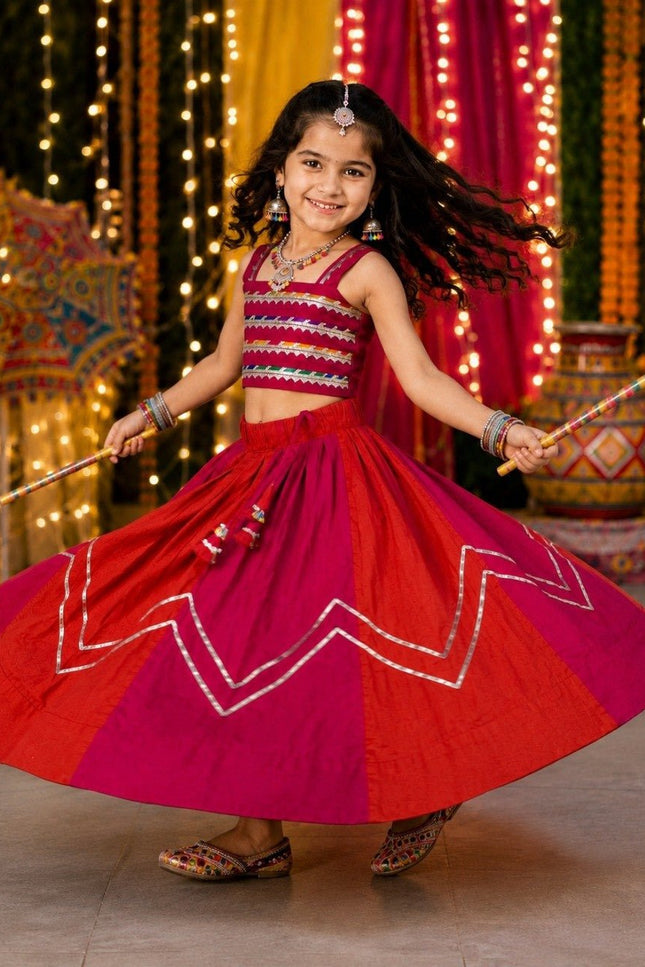 Kids Navratri Chaniya Choli | Mirror Work Roman Silk Garba Lehenga Set for Girls | Ages 2–11 Years - Rosepetals Luxe