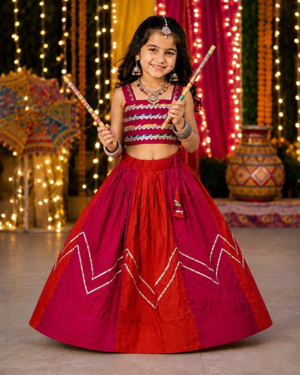 Kids Navratri Chaniya Choli | Mirror Work Roman Silk Garba Lehenga Set for Girls | Ages 2–11 Years - Rosepetals Luxe