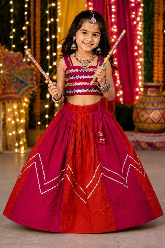 Kids Navratri Chaniya Choli | Mirror Work Roman Silk Garba Lehenga Set for Girls | Ages 2–11 Years - Rosepetals Luxe