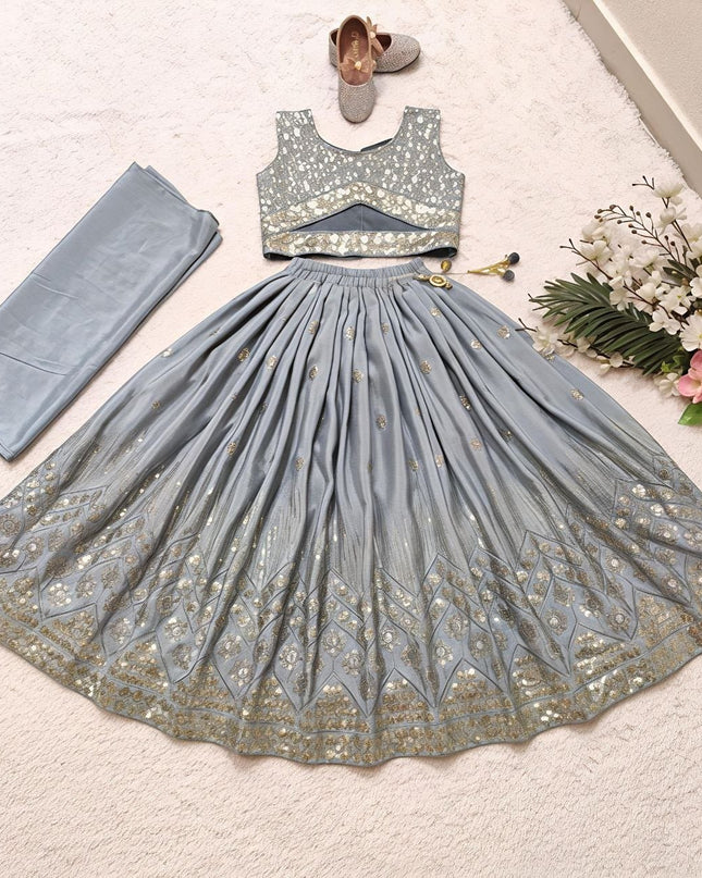 Kids Sequins Embroidered Lehenga Blouse Dupatta Set - Rosepetals Luxe