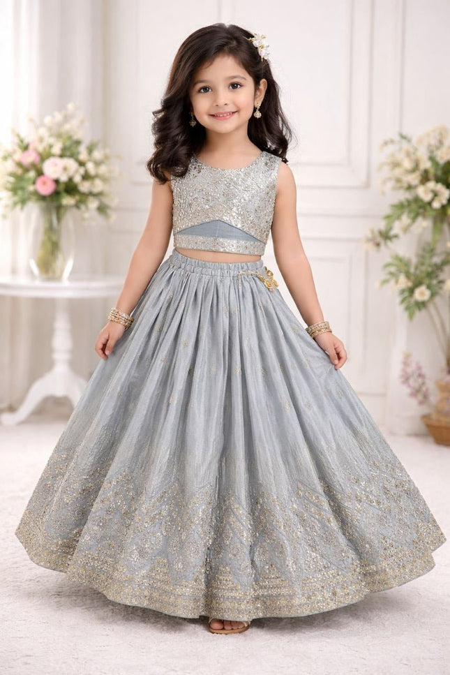 Kids Sequins Embroidered Lehenga Blouse Dupatta Set - Rosepetals Luxe