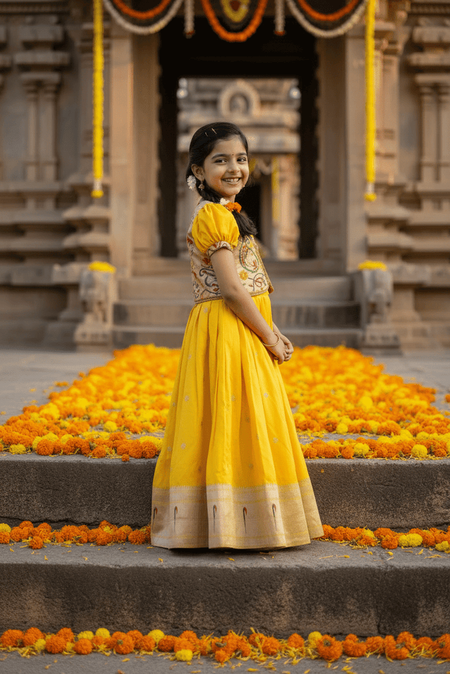 Kids Soft Paithani Silk Gown - Fully Stitched - Rosepetals Luxe