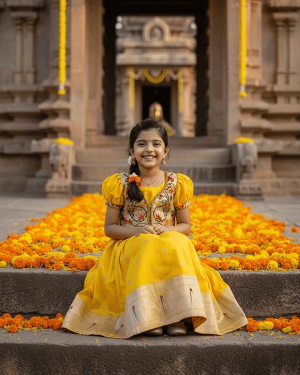 Kids Soft Paithani Silk Gown - Fully Stitched - Rosepetals Luxe