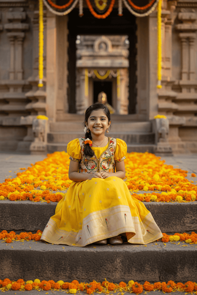 Kids Soft Paithani Silk Gown - Fully Stitched - Rosepetals Luxe