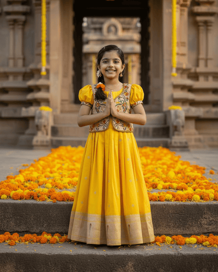 Kids Soft Paithani Silk Gown - Fully Stitched - Rosepetals Luxe